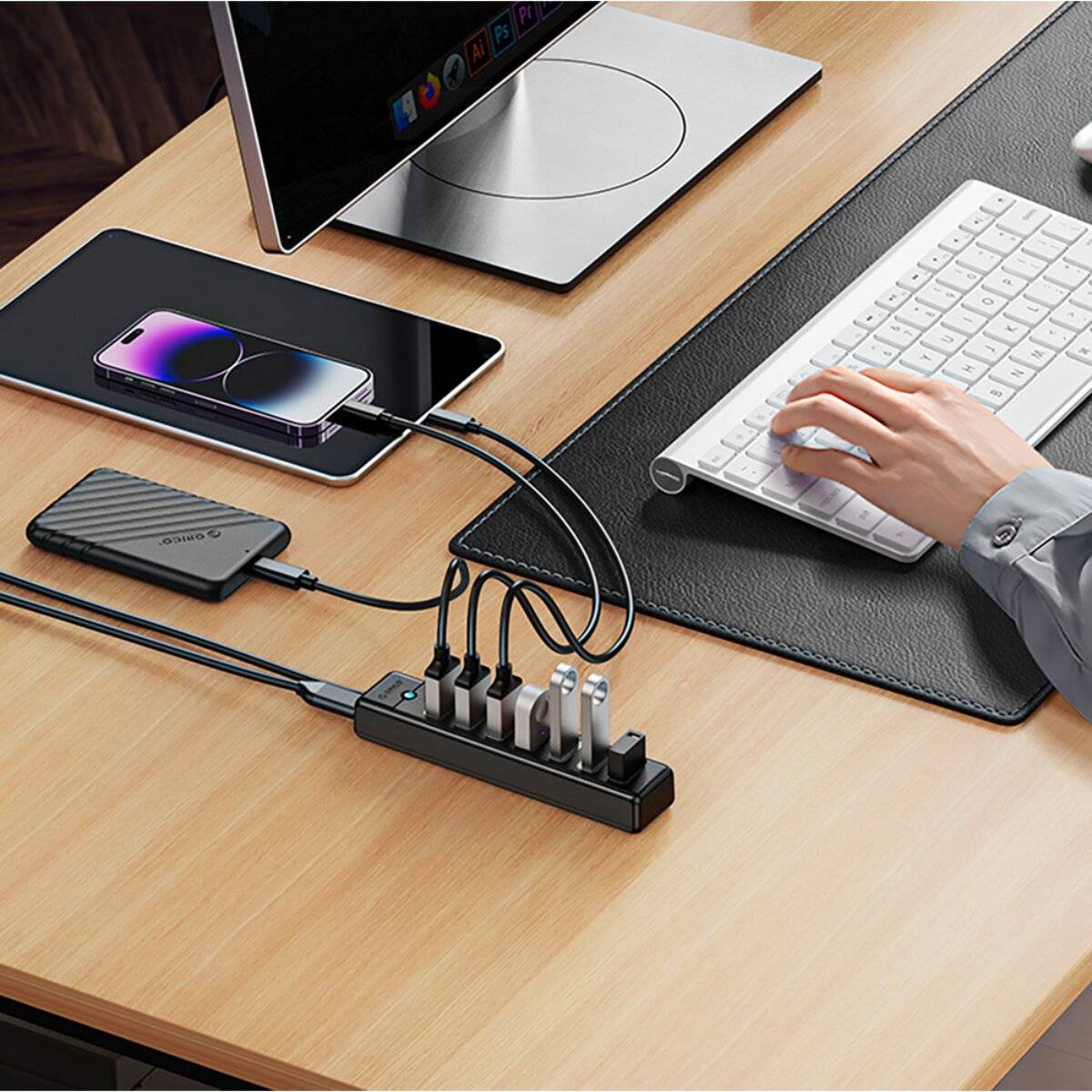 Hub Orico PW7U-U3 7x USB-A 3.0 + USB-C 5V/3A 1m - schwarz
