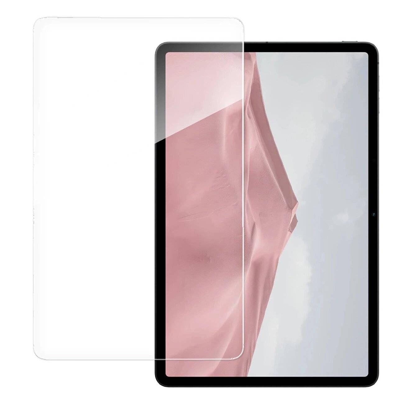 Ein Tablet-Bildschirm zeigt einen rosa Stoff vor einem bewölkten Himmel an, wobei eine durchsichtige Displayschutzfolie den Bildschirm teilweise abdeckt.