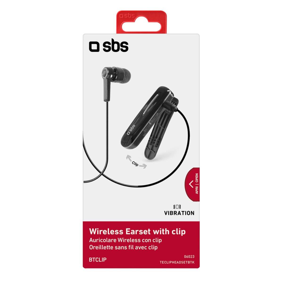 Wireless Ohrhörer mit Clip' Verpackung mit schwarzem Ohrhörer mit Clip, Vibrationsfunktion und mehrsprachiger Beschreibung. Produktmodell: BTCLIP.