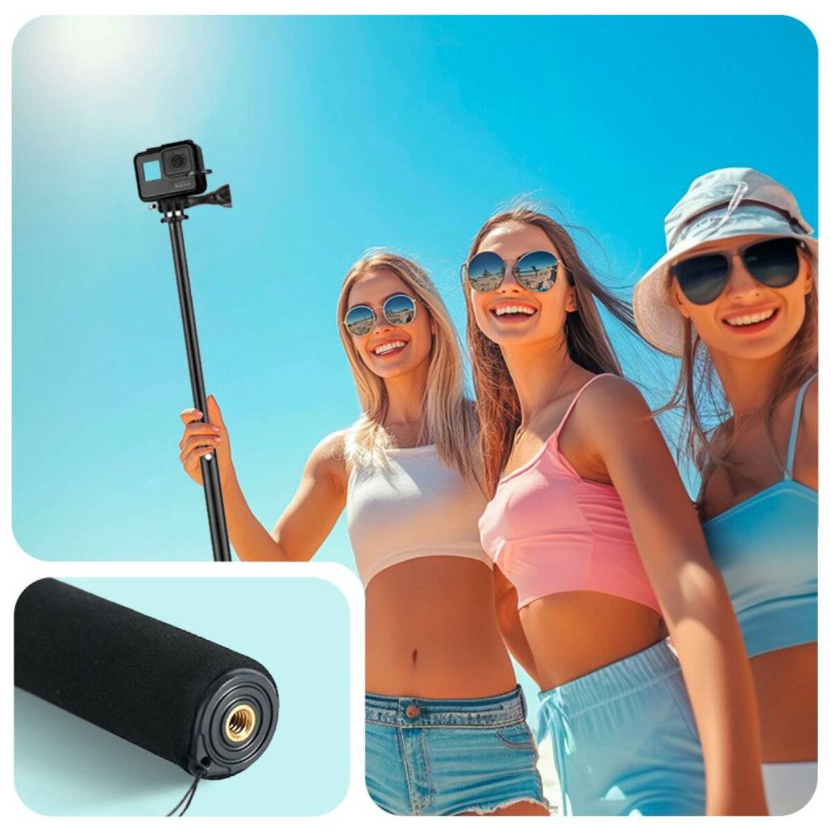 Drei lächelnde Frauen in Sommerkleidung machen ein Selfie mit einer Kamera an einem Stab unter einem klaren blauen Himmel. Ein zusätzliches Bild zeigt eine Kamerahalterung.