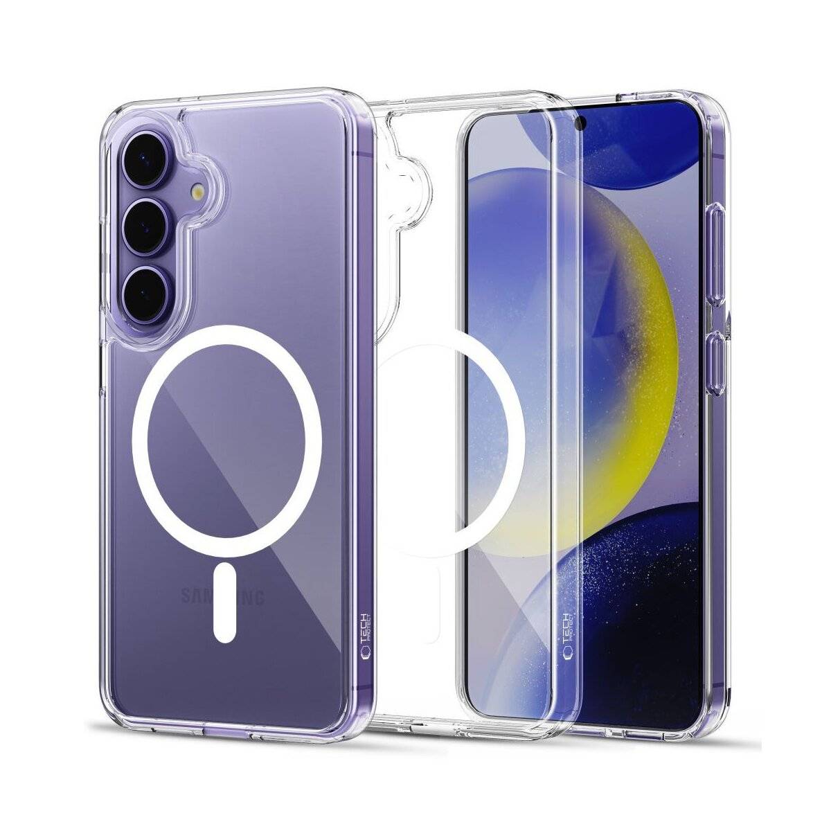 Transparente Handyhülle für Samsung Galaxy S23 mit MagSafe-Ausrichtungssymbol, die Schutz und Kompatibilität mit magnetischen Funktionen zeigt.