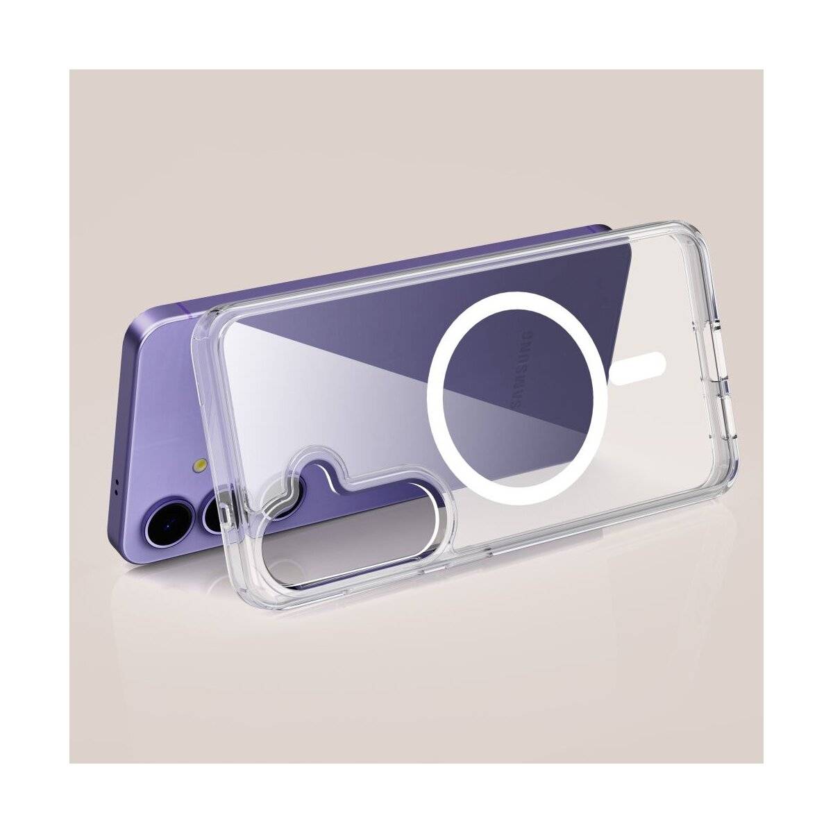 Ein blaues Smartphone mit einer durchsichtigen Schutzhülle, die es teilweise bedeckt und die beiden rückwärtigen Kameras sowie einen Bildschirm mit einem farbenfrohen Farbverlauf zeigt.