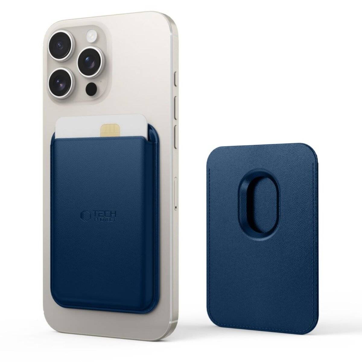Ein Smartphone mit einem blauen Kartenhalter auf der Rückseite, der eine Karte hält. Ein abgelöster ähnlicher Halter liegt neben dem Telefon.