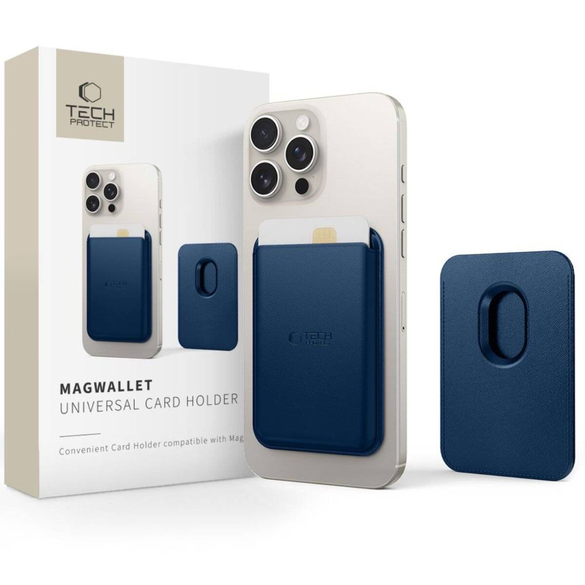 Eine Smartphone-Hülle mit einem blauen MagSafe-Kartenhalter; die Verpackung zeigt das Produktdesign und enthält den Text „Tech Protect MagWallet Universal Card Holder
