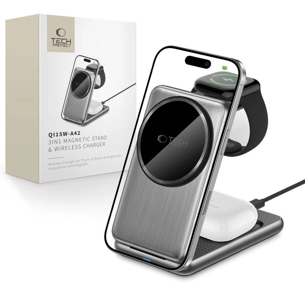 Ein 3-in-1-Magnetständer und kabelloses Ladegerät, das ein Smartphone, eine Smartwatch und Ohrhörer hält. Verpackungsbox im Hintergrund mit Produktbild.