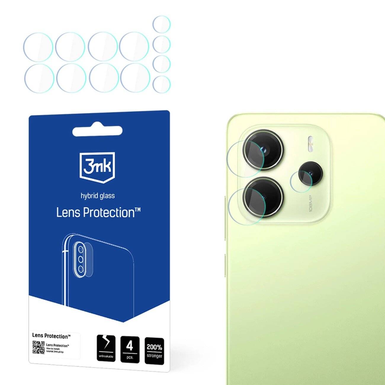 3mk Hybrid Glass Objektivschutz' Produktverpackung für Smartphone-Kameraobjektive, zeigt Schutzkreise und Anwendungsdiagramm. Enthält 4 Stück.