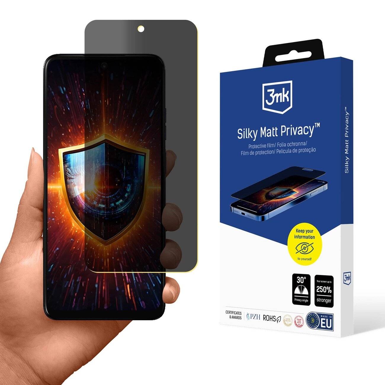 Telefonbildschirm mit Schildgrafik, die Sicherheit symbolisiert. Verdunkelter Datenschutzfilter wird angewendet. Produktverpackung mit Text „Silky Matt Privacy