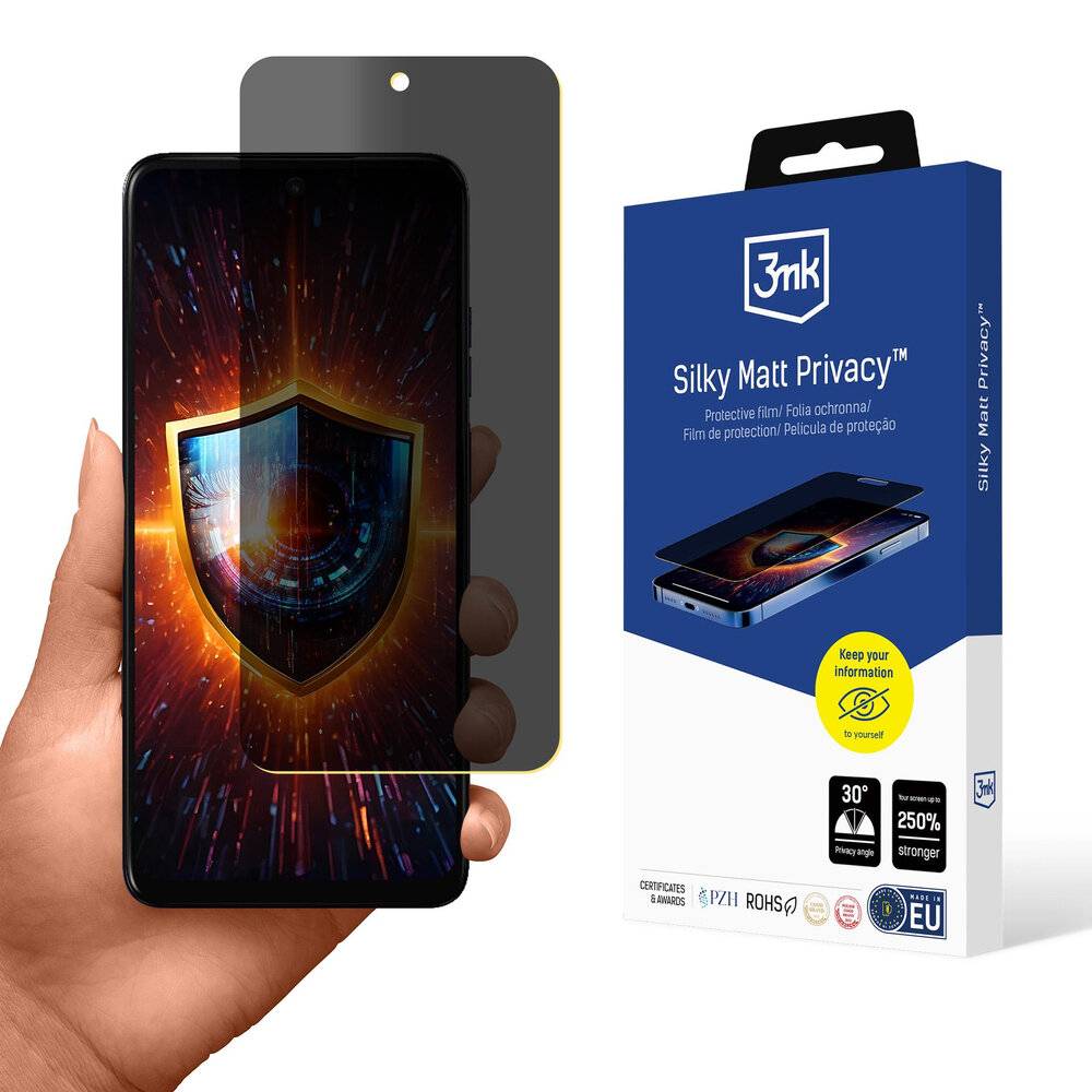Telefon mit grünem Gehäuse mit Kameralinsen-Schutzvorrichtungen; Verpackung zeigt '3mk Hybrid Glass Lens Protection', 4 Stück, kratzfest.