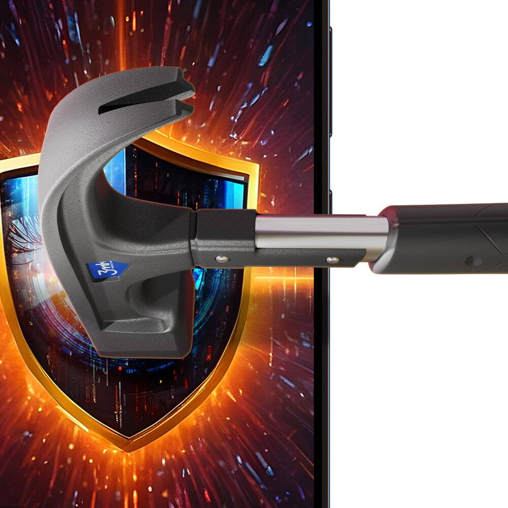 Ein futuristischer Hammer, der auf einem Smartphone-Bildschirm auf einen digitalen Schild trifft, symbolisiert Cybersicherheit und Schutz vor digitalen Bedrohungen.