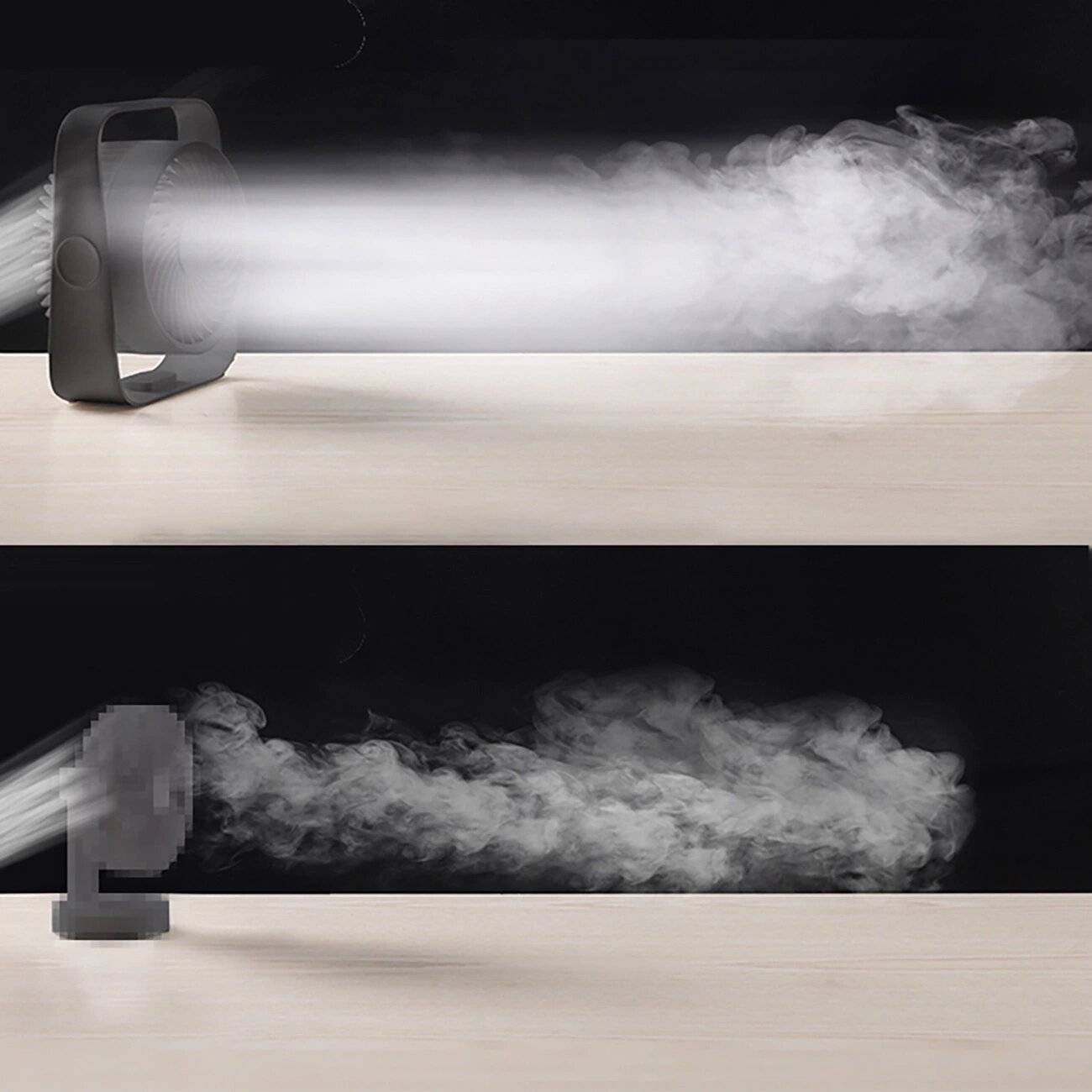 Zwei Luftreiniger, die Nebel ausstoßen, einer mit starkem Luftstrom oben und einer mit verteiltem Luftstrom unten, vor dunklem Hintergrund.