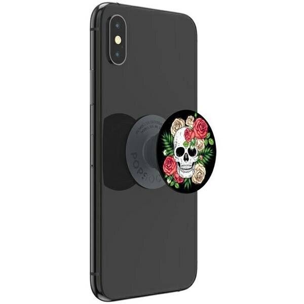 Ein Smartphone mit einem dekorativen Totenkopf- und Rosendesign auf einem Pop Socket, das auf der Rückseite des Geräts angebracht ist.
