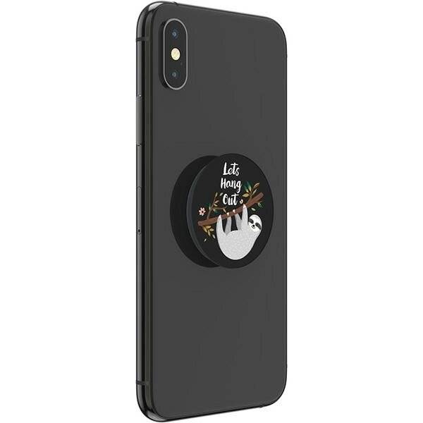 Eine schwarze Handyhülle mit einem Pop Socket mit einem faultier, das an einem ast hängt, und dem text 'Let's Hang Out'.