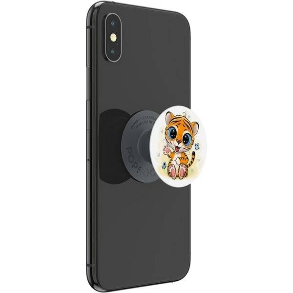 Ein schwarzes Smartphone mit einem PopSocket mit einem niedlichen Cartoon-Tiger-Design auf der Rückseite.