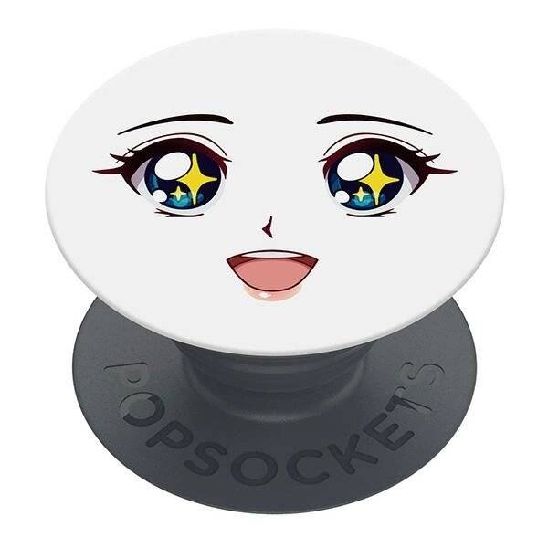 Ein rundes Telefon-Griffstück mit einem Anime-Gesicht verfügt über große, funkelnde Augen und einen lächelnden Gesichtsausdruck, die ein fröhliches Design vermitteln.
