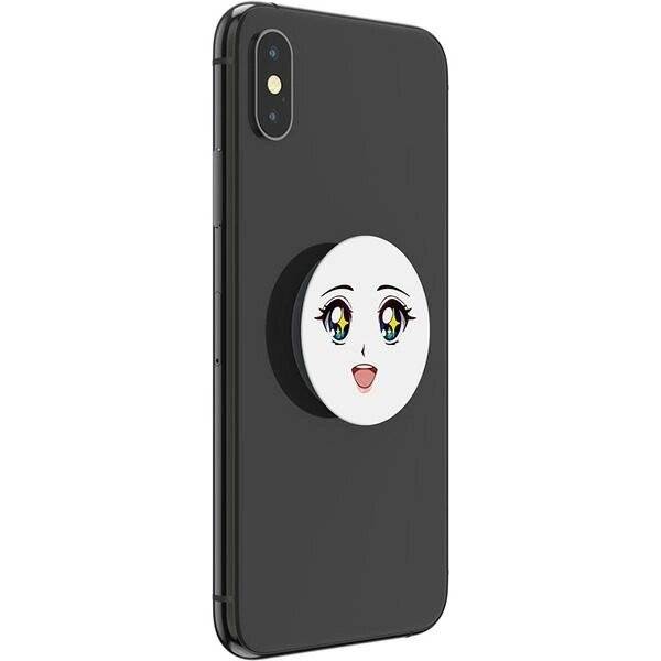 Ein schwarzes Smartphone mit einem Pop-Socket, das ein Gesicht mit großen, ausdrucksstarken Augen und einem lachenden Mund zeigt.