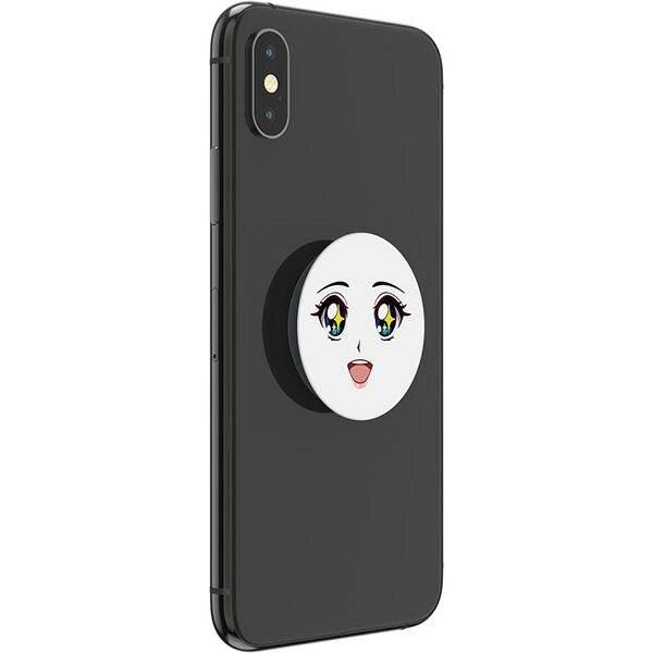 Ein schwarzes Smartphone mit einem Pop Socket, das ein Cartoon-Gesicht mit großen Augen und einem lächelnden Ausdruck zeigt, das auf der Rückseite angebracht ist.