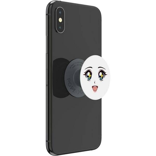 Ein schwarzes Smartphone mit einem kreisförmigen Griffständer auf der Rückseite, das ein lächelndes Cartoon-Gesicht mit großen Augen zeigt.