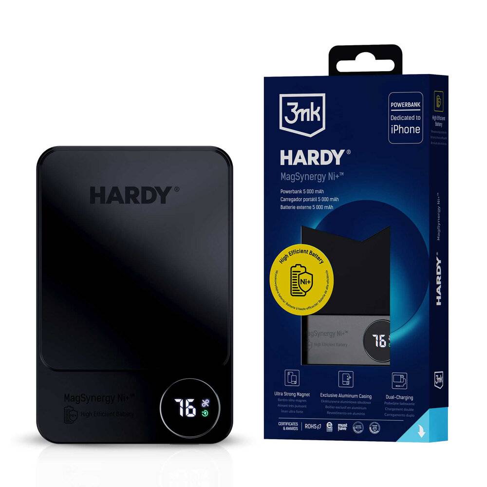 Der '3mk MagSynergy N1' Power Bank in Schwarz mit digitalem Display, das „76