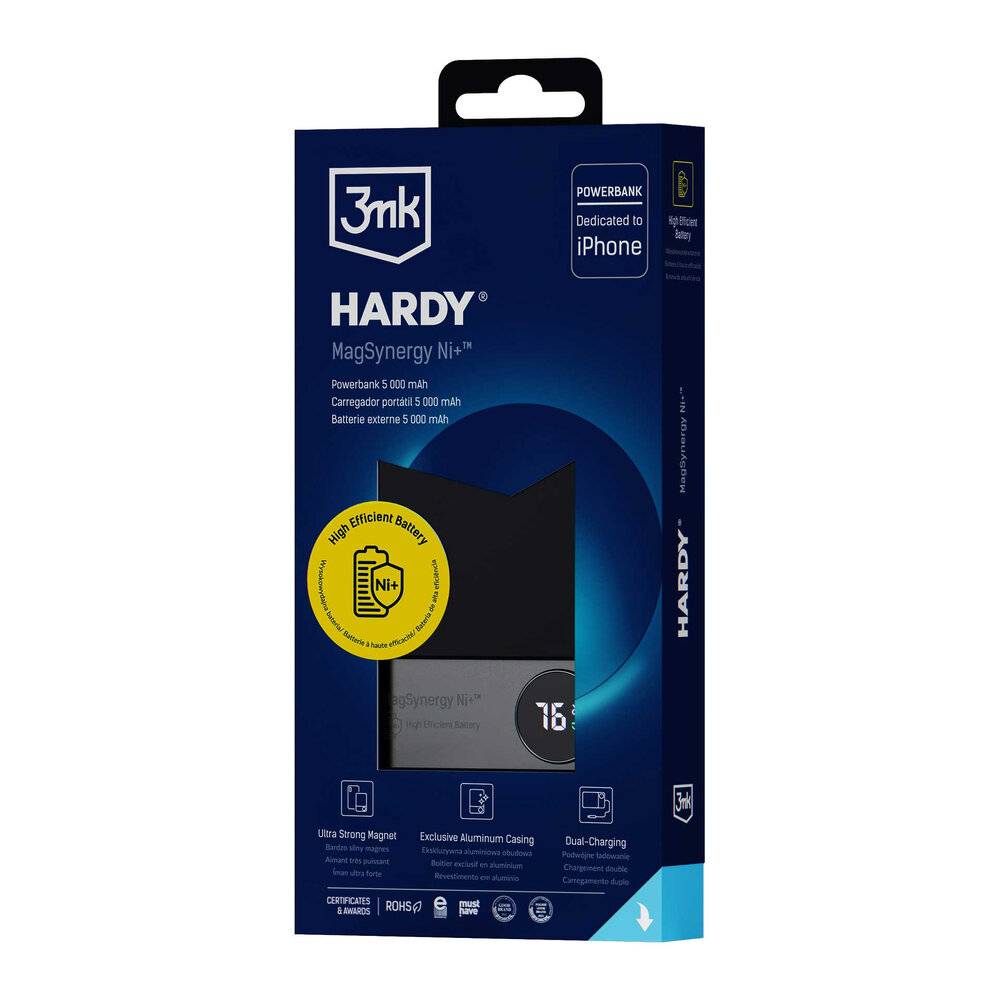 Das Bild zeigt Einzelhandelverpackung für das Produkt 'HARDY MagSynergy Ni+' von 3mk, das anzeigt, dass es sich um eine Powerbank handelt, die speziell für iPhones entwickelt wurde.