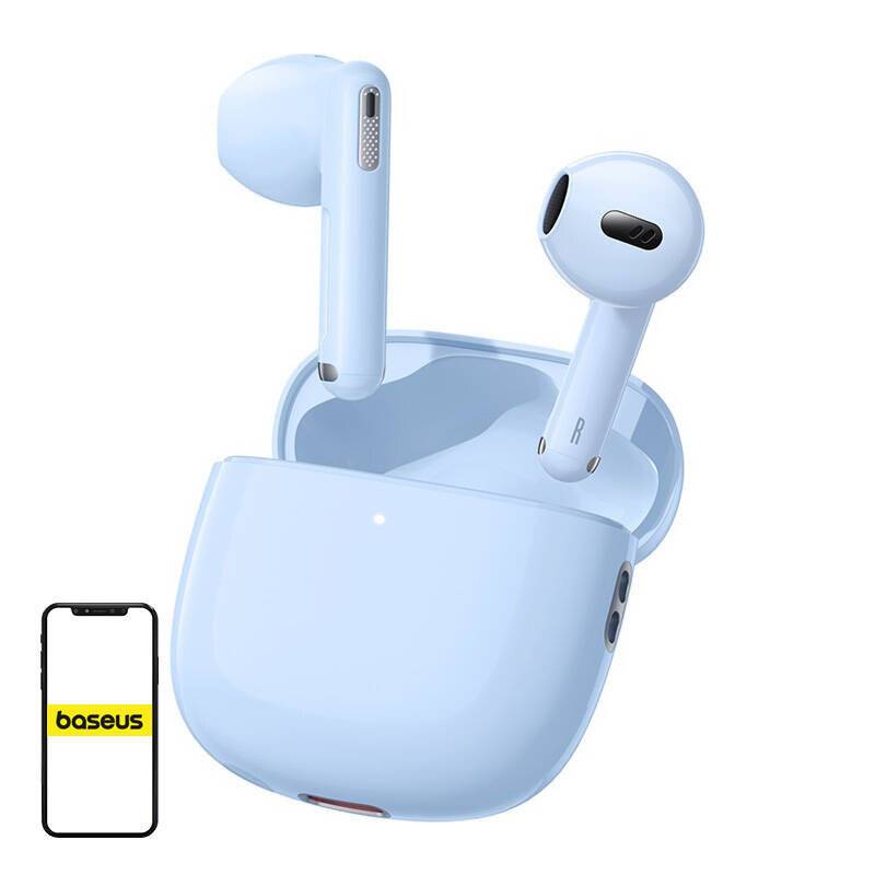 Hellblaue kabellose Ohrhörer in einem offenen Ladeetui, mit einem kleinen Smartphone-Symbol, das ein „Baseus