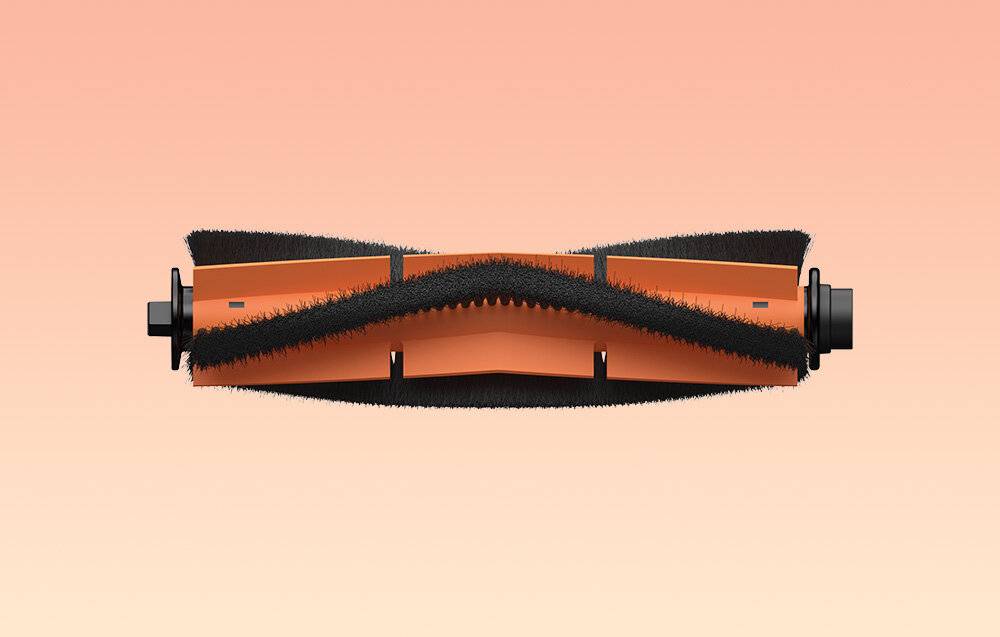 Ein symmetrisches, abstraktes Bild mit orange und schwarzen geometrischen Formen vor einem pfirsichfarbenen Farbverlaufshintergrund.