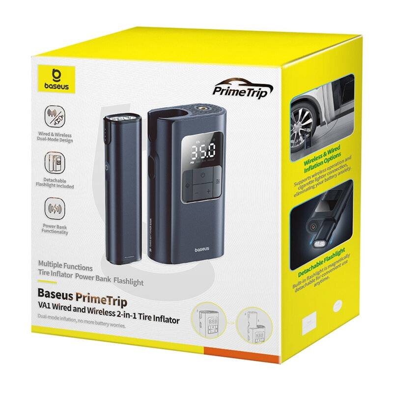 Baseus PrimeTrip VA1 Wired und Wireless 2-in-1 Reifenluftpumpe Powerbank' Verpackung mit Produktbildern und Funktionen.
