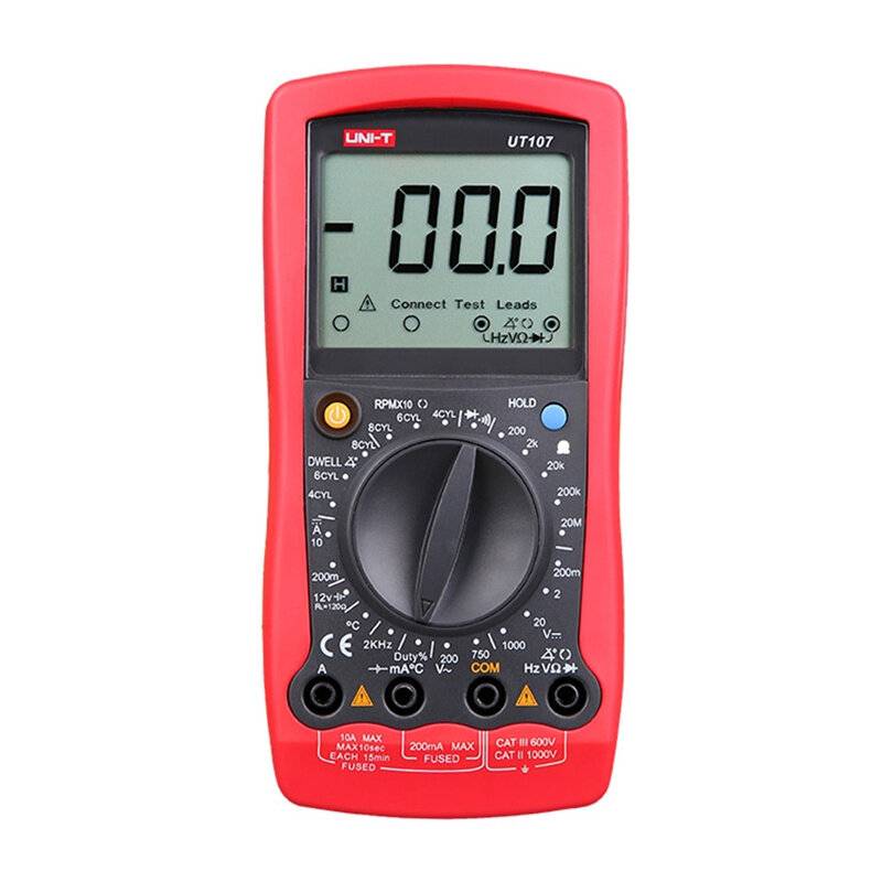 Ein digitales Multimeter mit rotem Gehäuse, das auf seinem Display „-00.0
