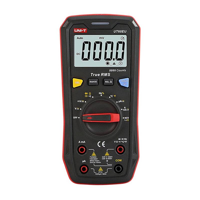 Ein digitales Multimeter mit einem Display, das 0,0 mV anzeigt, zum Messen verschiedener elektrischer Parameter. Mit mehreren Tasten und einem Drehwähler zur Funktionsauswahl.