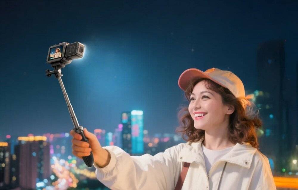 Eine Person lächelt, während sie einen Selfie-Stick mit angebrachtem Telefon hält und ein Foto aufnimmt. Lichter der Stadt leuchten im unscharfen Hintergrund.