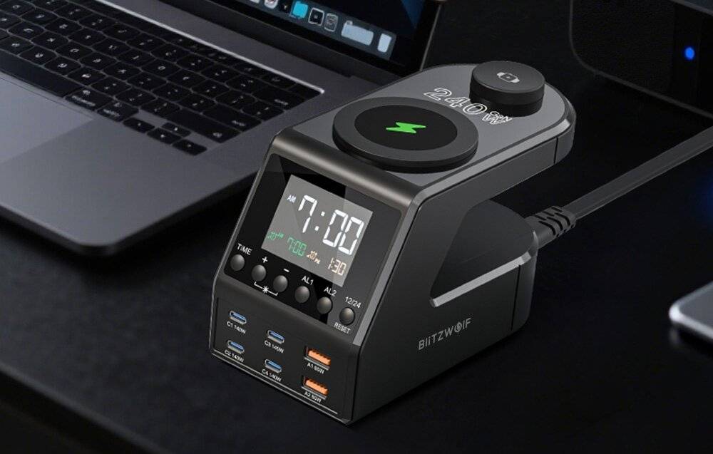 Blitzwolf BW-FW10 Wecker mit Ladegerät 2xUSB-A, 4xUSB-C, 240 W