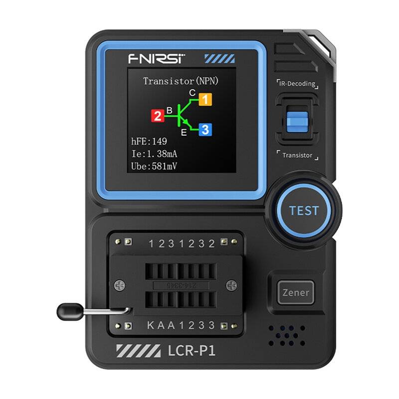 FNIRSI LCR P1' Elektroniktester zeigt 'Transistor (NPN)' Text an, hFE: 149, Ie: 1,38mA, Ube: 581mV. Umfasst Steckplätze und Tasten.
