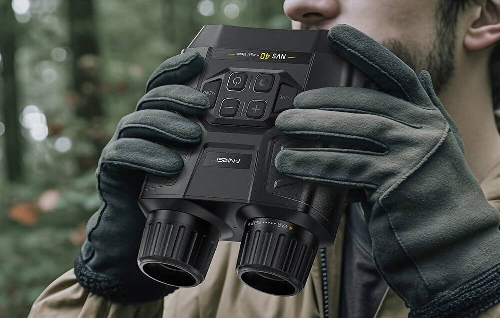 Eine Person mit Handschuhen hält schwarze Ferngläser mit sichtbaren Knöpfen und steht in einer Waldumgebung.