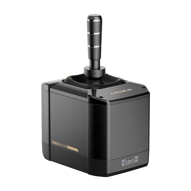 Ein schwarzer Racing-Simulator-Schaltknüppel von 'Moza' mit metallischer Oberfläche und vertikalem Griff, entworfen für realistische Fahrerlebnisse.