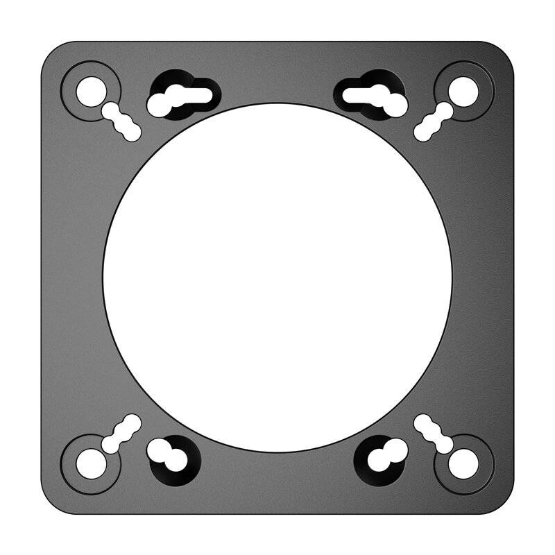 Eine quadratische Metallmontageklammer mit einer kreisförmigen Aussparung in der Mitte und mehreren Schraubenlöchern zum Befestigen von Komponenten.