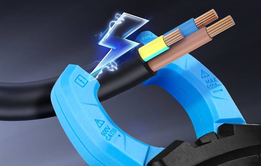 Ein Kabel wird von einem blauen Werkzeug durchschnitten und gibt Kupferdrähte im Inneren frei. Funken und Blitze deuten auf Elektrizität hin. Beschriftungen zeigen 