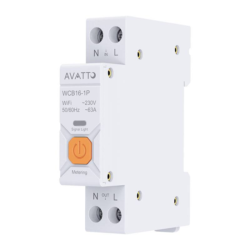 Ein weißes AVATTO-Smartmeter mit der Bezeichnung 'WCB16-1P', das 'WiFi', '230V', '50/60Hz', '63A' anzeigt, mit Tasten für 'Signal Light' und 'Metering'.