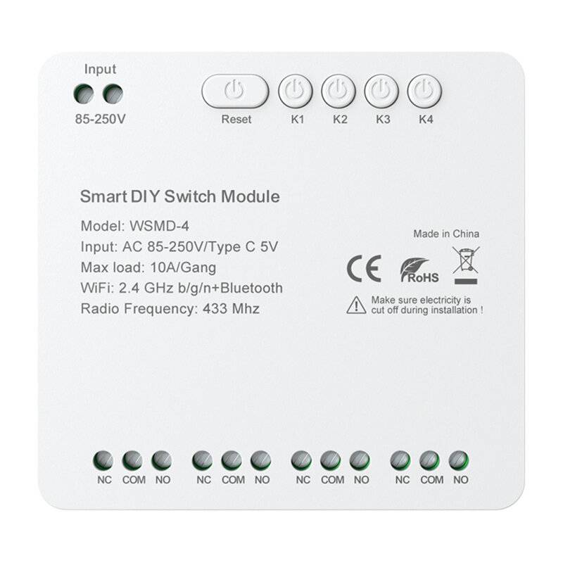 „Smart DIY Schaltermodul, Modell: WSMD-4, Eingang: AC 85-250V mit max. 10A/Kanal Belastung, WiFi und Bluetooth, Frequenz: 433 MHz, hergestellt in China.