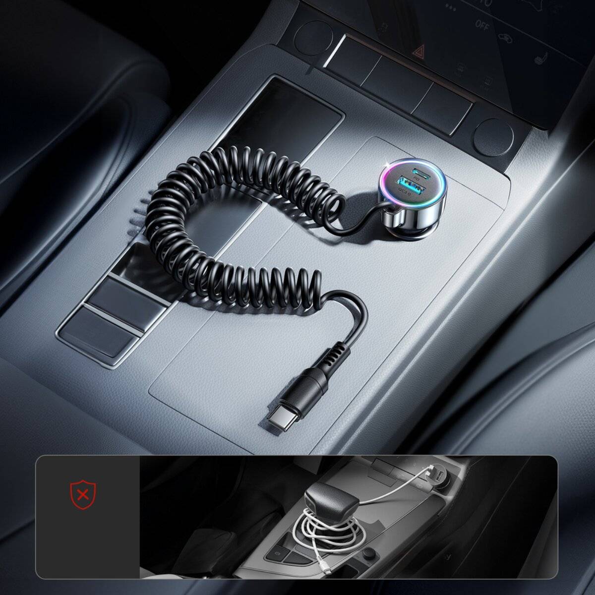 Joyroom JR-CL07 72W 3-in-1 Autoladegerät 1,6 m USB-C-Kabel – Schwarz