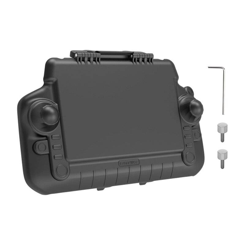 Eine robuste schwarze tragbare Spielkonsole mit Tasten auf jeder Seite und einer Schutzhülle. Enthält zwei Schrauben und einen L-förmigen Inbusschlüssel.