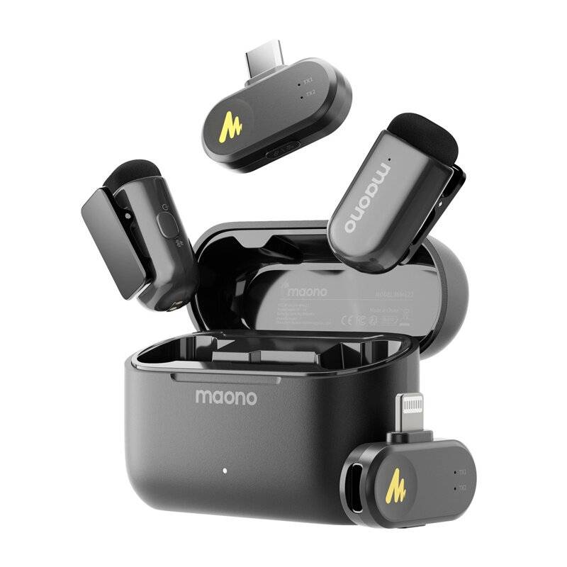 Ein schwarzes Maono kabelloses Mikrofon-Set mit Ladekoffer und mehreren Zubehörteilen für vielseitige Aufnahmen.