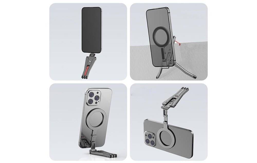 Telefonständer mit Klappmechanismus, der das Smartphone in verschiedenen Positionen hält; aufrechte und Landschaftsansichten, die Vielseitigkeit demonstrieren.