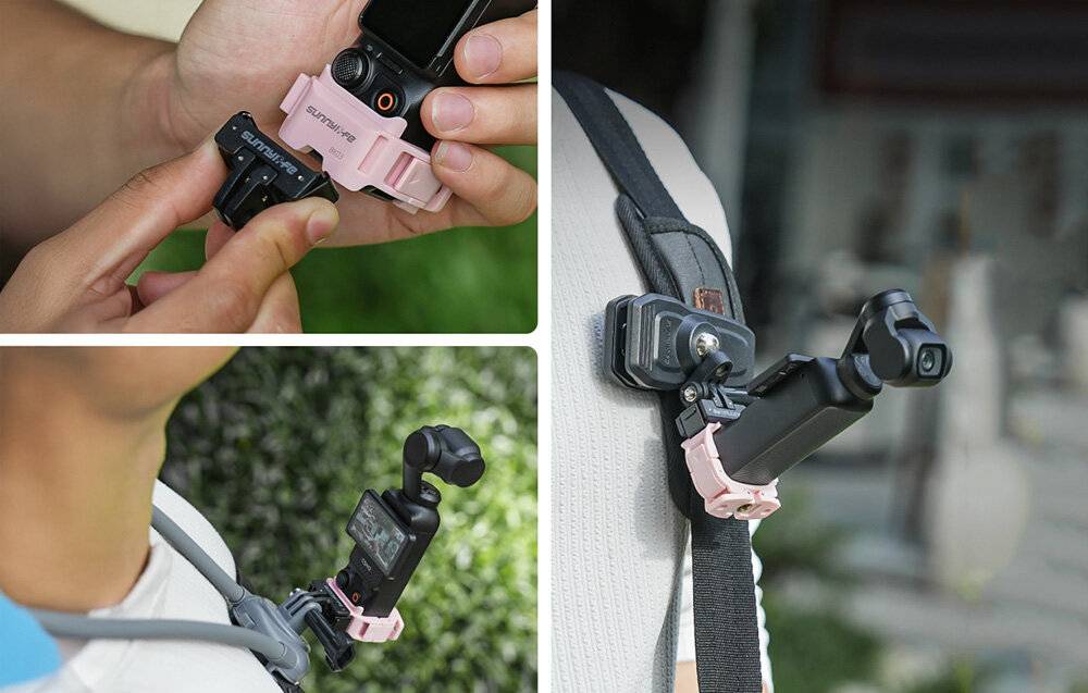 Actionkamera auf einem Fahrradlenker und einem kleinen Stativ montiert, mit einem Bild einer Person, die eine blaue Jacke und einen Helm trägt und die Kamera benutzt.