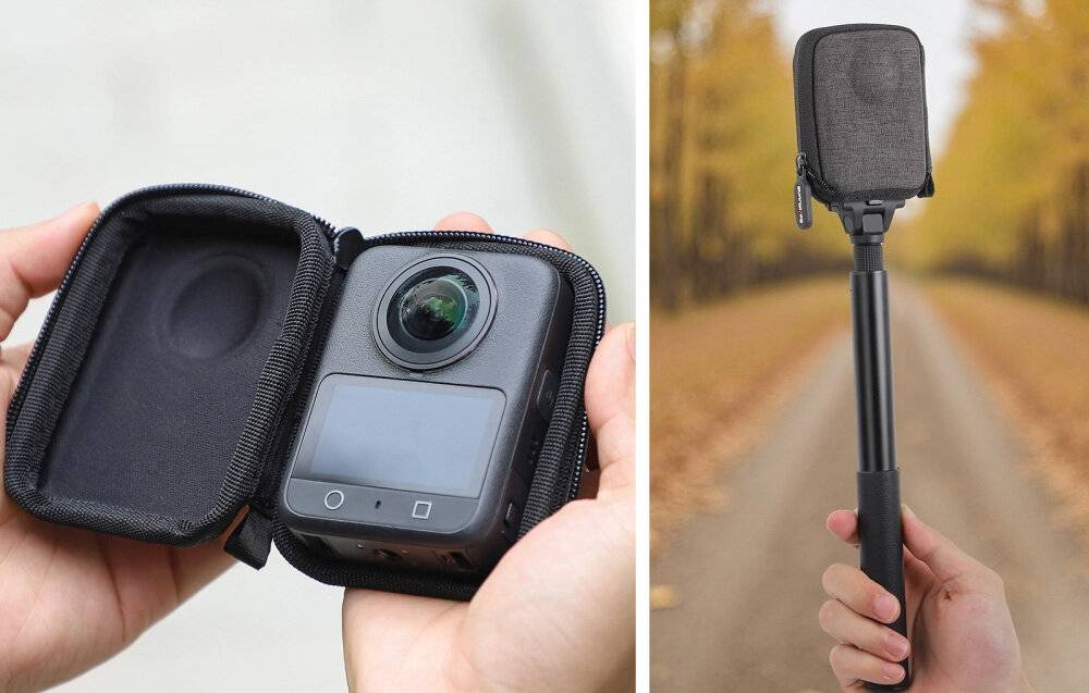 Person, die eine Actionkamera in einem Schutzgehäuse hält