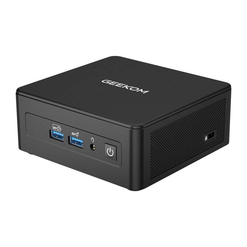 Schwarzer rechteckiger Mini-PC mit „GEEKOM