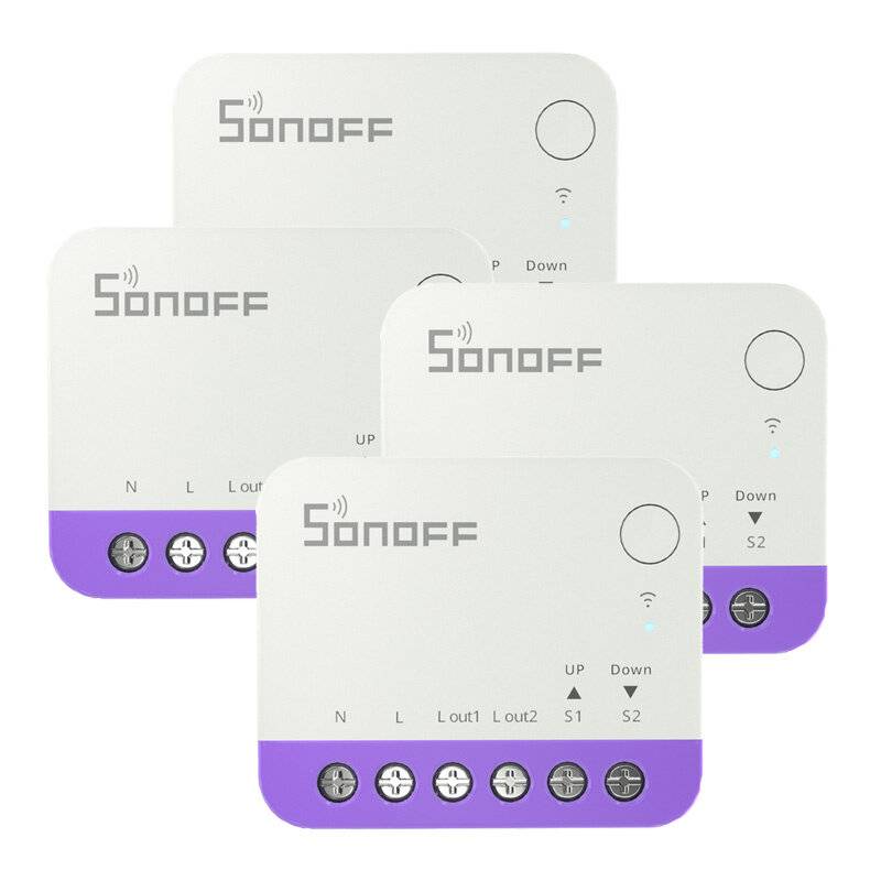 Vier Sonoff Smart-Relaismodule mit violetten Sockel, die Tasten mit den Bezeichnungen „UP