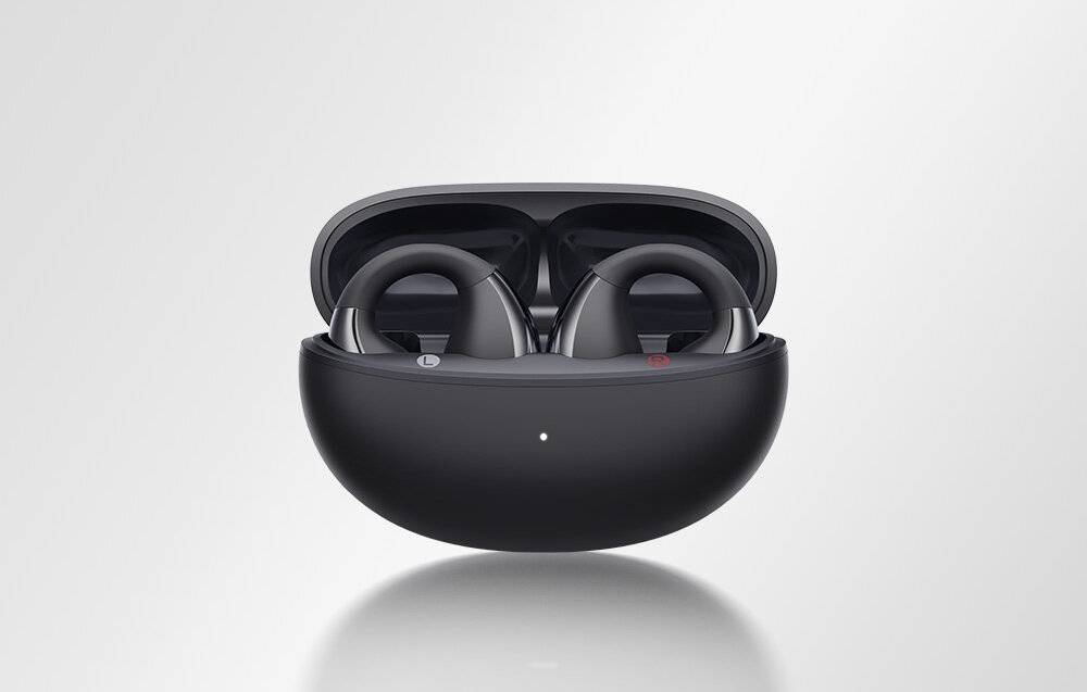 Schwarze kabellose Ohrhörer in einem offenen Ladeetui, die 