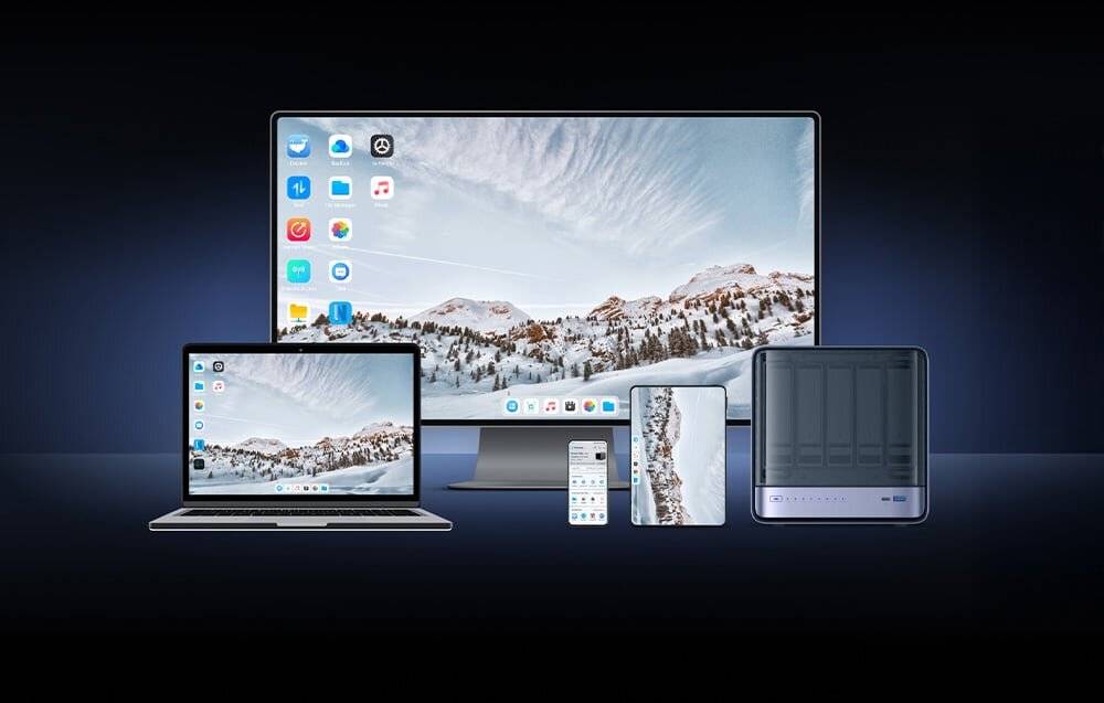 Eine Reihe elektronischer Geräte mit einer Berglandschaft auf Bildschirmen, darunter ein großer Monitor, ein Laptop, ein Smartphone und ein Tablet.