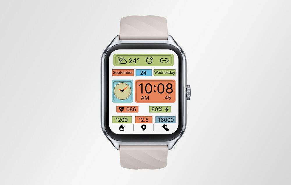 Ein Smartwatch-Display zeigt die Uhrzeit „10:08