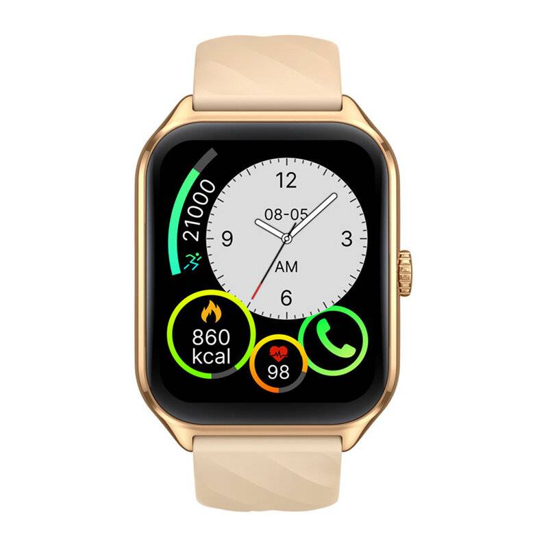 Smartwatch mit goldenem Rahmen und beigem Armband. Zeigt die Uhrzeit als 