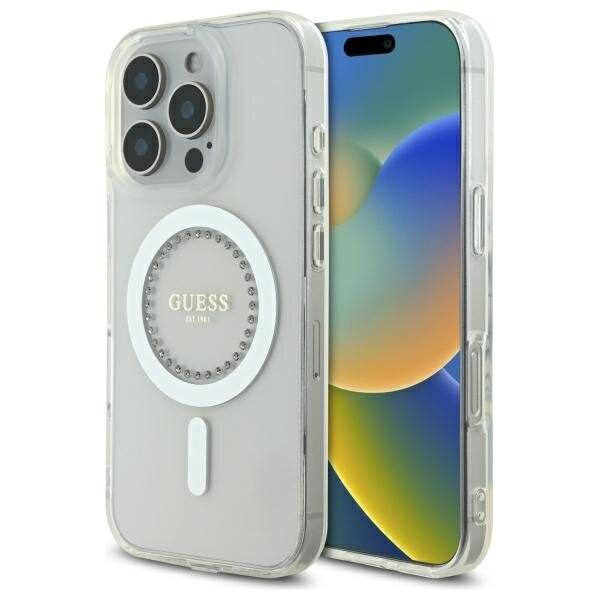 Guess IML Strassstein-MagSafe-Hülle iPhone 16 Pro – Weiß